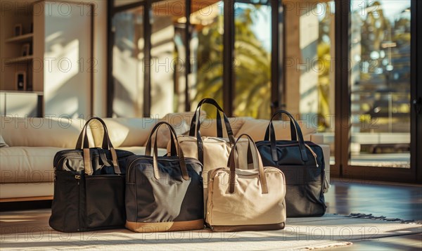 Row of elegant handbags in a modern interior bathed in sunlight AI generated