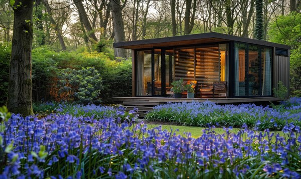 A serene modern wooden cabin surrounded by a lush carpet of bluebells and forget-me-nots in a peaceful spring garden AI generated