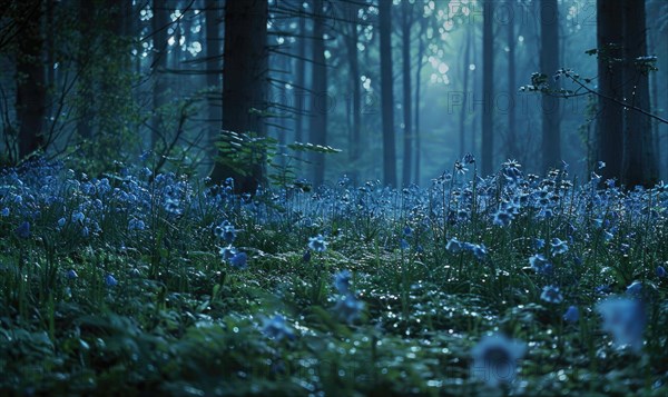 Bellflowers in a woodland clearing, closeup view, selective focus AI generated