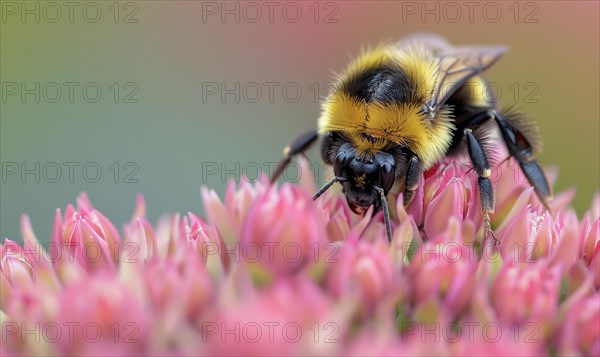 Bumblebee collecting pollen from flowers, closeup view, selective focus AI generated