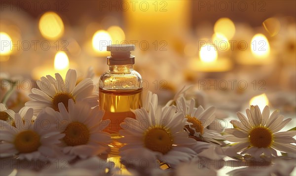 Chamomile essential oil in a dropper bottle, closeup view, skin care cosmetic background AI generated