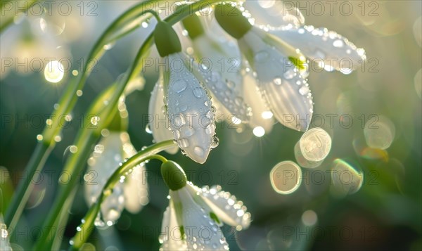 Close-up of snowdrops with dewdrops, spring nature background AI generated