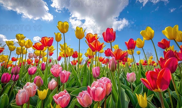 Field of vibrant tulips, spring nature, tulip background AI generated