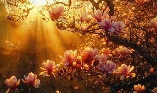 Magnolia tree in full bloom under the golden light of sunrise AI generated