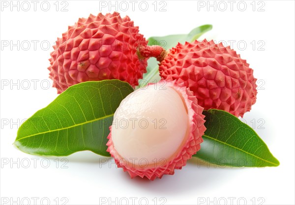 Fresh Lychee Fruits Isolated on White, AI generated