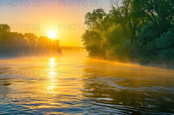 A breathtaking view of a golden sunrise illuminating the mist above a calm river, surrounded by lush greenery, evoking a sense of peace and serenity, AI generated