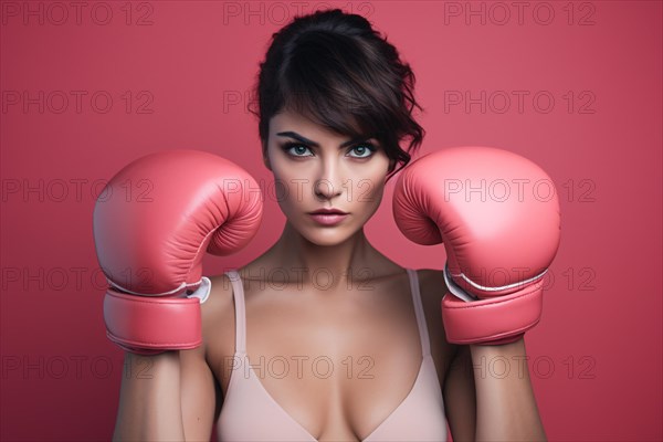 Young woman with pink boxing gloves. KI generiert, generiert, AI generated