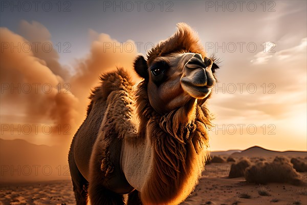 Bactrian camel with thick fur standing resilient against gobi deserts extreme temperature, AI generated