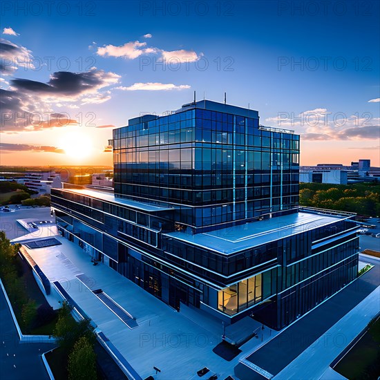 Modern hospital at dawn glass surfaces mirroring early morning sky, AI generated, modern, architecture