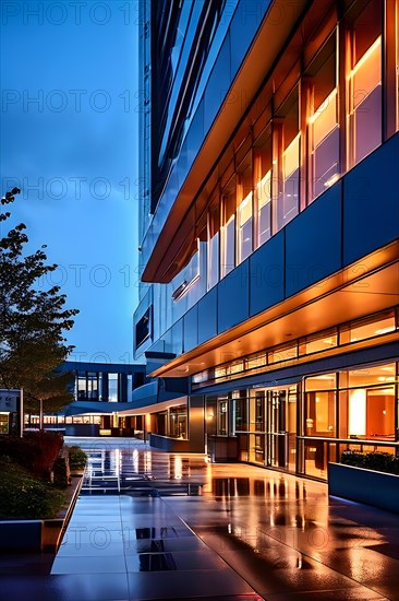 Modern hospitals glass entrance reflecting the morning sunlight, AI generated, modern, architecture