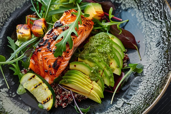 Grilled salmon with quinoa and avocado slices served on a stylish black plate garnished with microgreens, AI generated