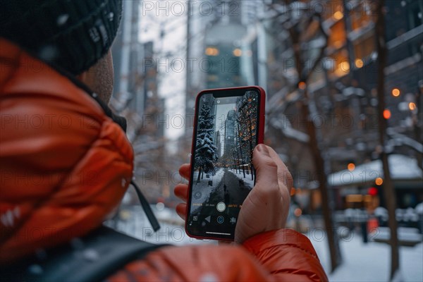A smartphone captures the cityscape reflection with snowflakes around, AI generated