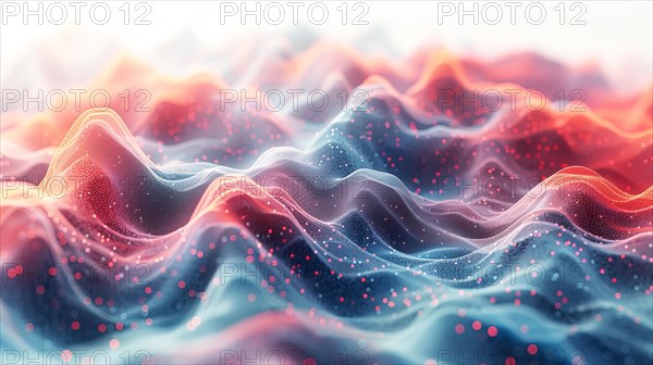3D abstract with blue and pink undulating waves dotted with particles, ai generated, AI generated