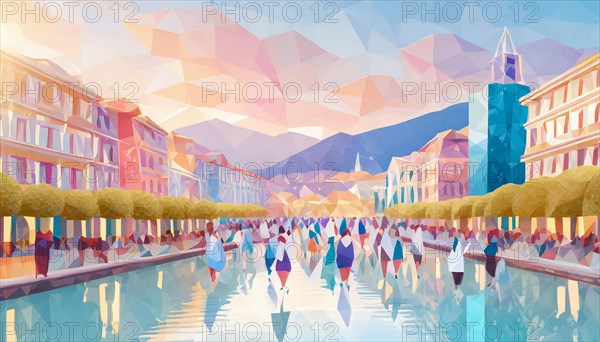 Painting of busy town square with people and water reflections, surrounded by mountains, low poly style, AI generated