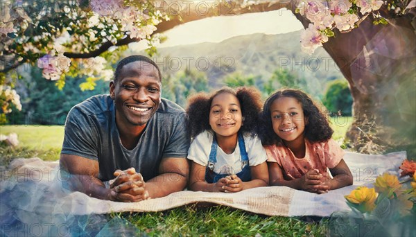 A father and his daughters smiling on a picnic blanket in a park, AI generated