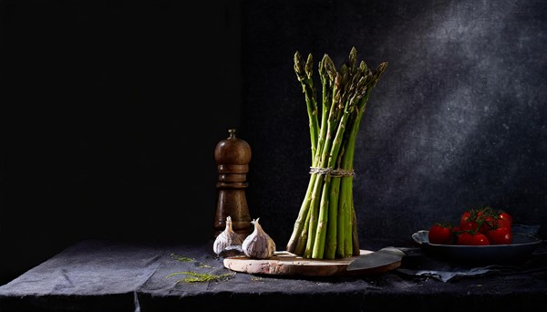 A bunch of green asparagus stands next to a pepper mill and fresh vegetables, fresh green asparagus, KI generated, AI generated