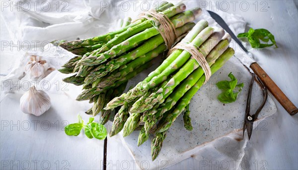 Green asparagus next to garlic and fresh basil on a light-coloured work surface, AI generated, AI generated