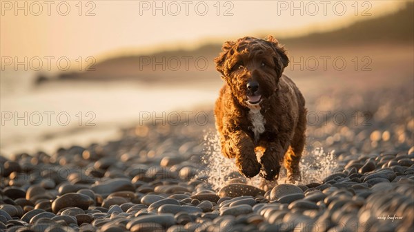 Happy dog running in a curved path on a pebbled beach during golden hour, AI generated
