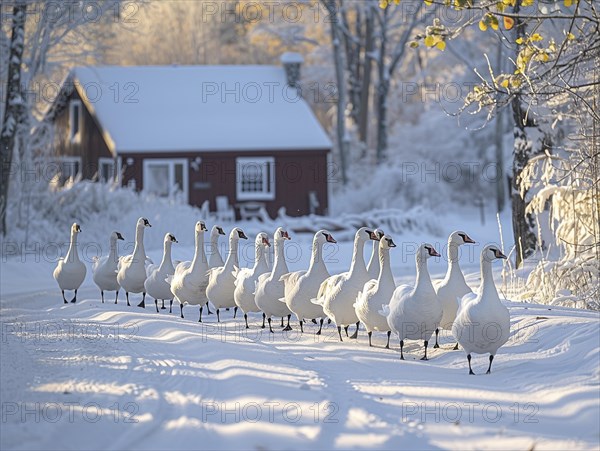 Swans walking in a row on a snowy path with an idyllic red house, AI generated, AI generated, AI generated
