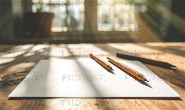 Graphite pencils and white paper scattered on a wooden table AI generated