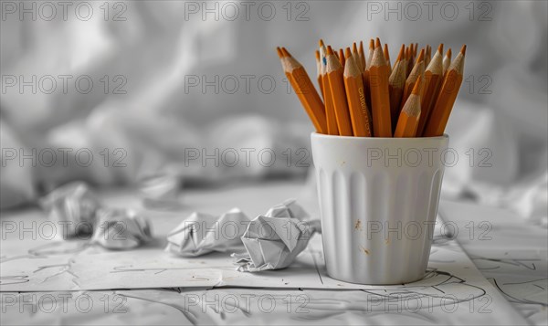 Graphite pencils arranged in a cup on a desk, surrounded by crumpled sheets of discarded white paper AI generated