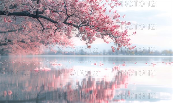 Springtime cherry blossoms in full bloom, cherry blossoms reflected on the calm surface of the lake AI generated