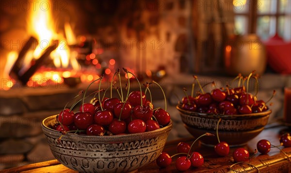 A cozy fireplace adorned with bowls of ripe cherries AI generated