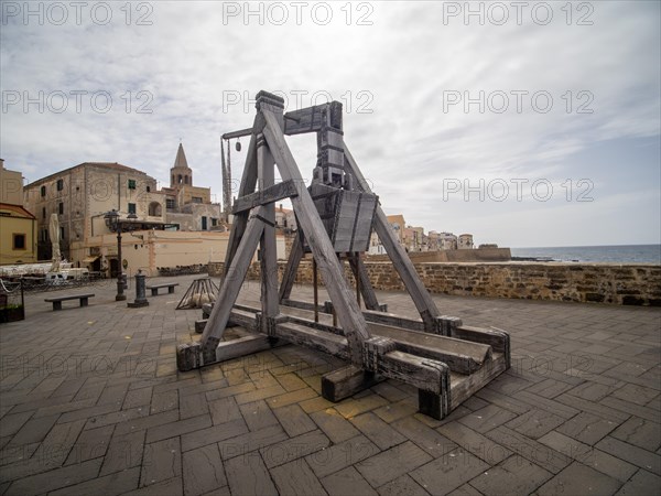 Old siege engine, fortress wall of Alghero, Sardinia, Italy, Europe