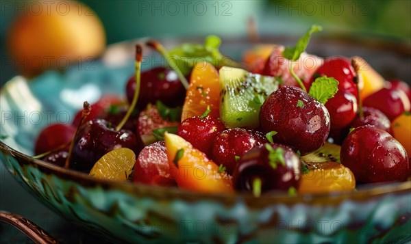 A vibrant fruit salad with ripe cherries AI generated