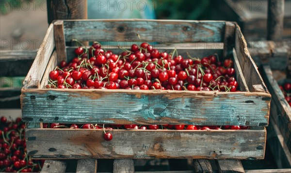 A vintage wooden crate filled to the brim with freshly harvested ripe cherries AI generated