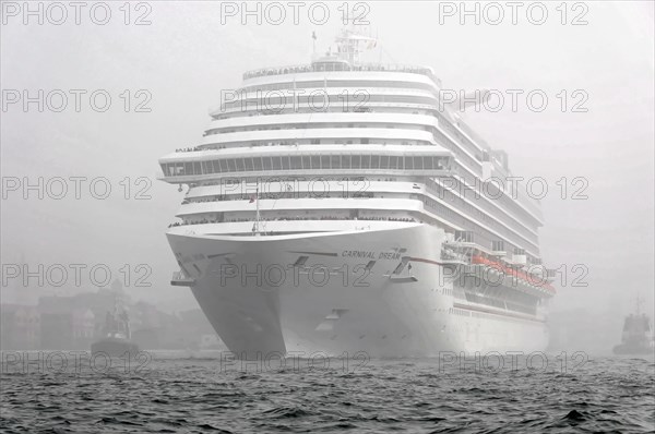 Cruise ship CARNEVAL DREAM, 306m, year of construction 2009, 4631 passengers, entering the harbour of Venice, A large cruise ship emerges from the fog on a calm water surface, Venice, Veneto, Italy, Europe