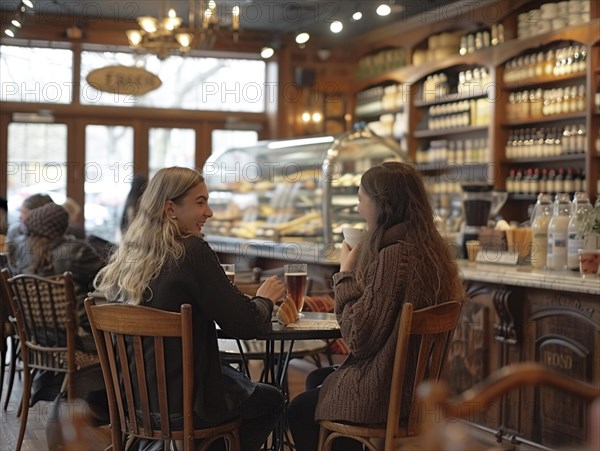 Zwei Frauen fuehren ein entspanntes Gespraech bei einer Kaffeepause im Cafe, Lifestyle in Paris, Frankreich, AI generiert, AI generated