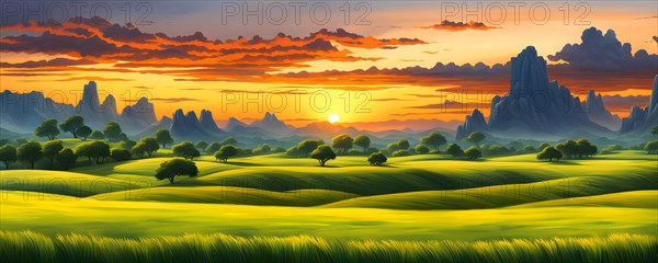 AI generated abstract painting of grasslands under a blazing sunset waves of greens