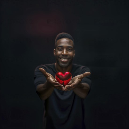 Smiling man with dark skin colour holds a red heart in his hands, surrounded by darkness, AI generated