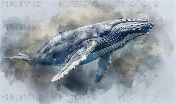 Watercolor illustration of a humpback whale in the ocean AI generated