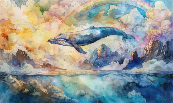 A watercolor artwork portraying a surreal scene of a whale leaping over a rainbow in a dreamlike setting AI generated