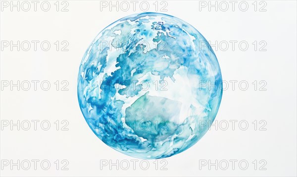 Watercolor illustration of Earth globe suspended in a clear blue sky AI generated