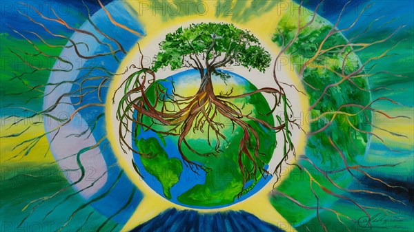 Vibrant painting depicting a tree with roots intertwined with the Earth, AI generated