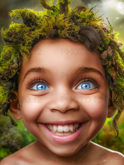 Child with enchanting smile and blue eyes, wearing a nature-inspired greenery headpiece in the sunlight, earth day concept, AI generated