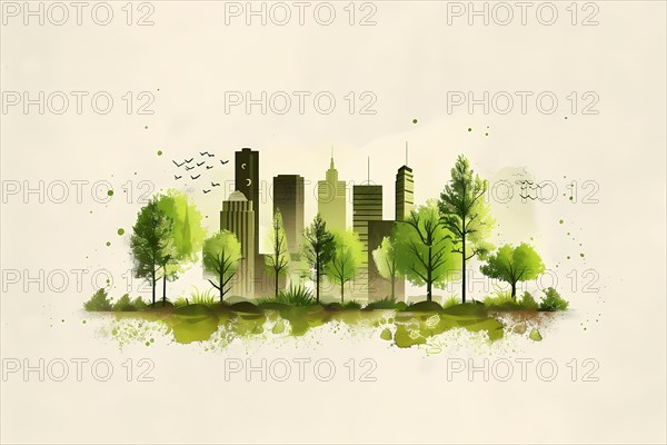 Watercolor cityscape with green trees and reflections, symbolizing an eco-friendly city, illustration, AI generated