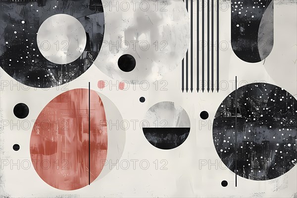 An abstract composition with polka dots and geometric elements in red, black, and white, illustration, AI generated