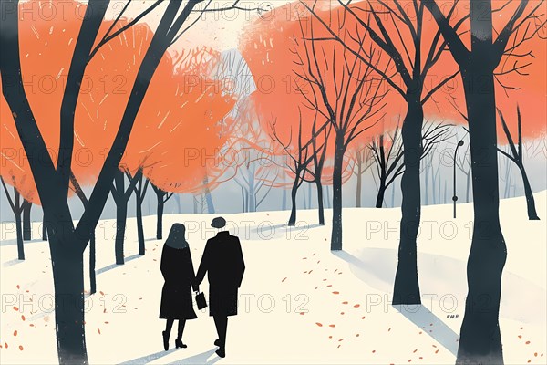 Artistic illustration of a couple walking among red trees on a snowy path, illustration, AI generated