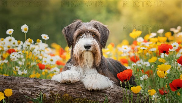 Ai generated, animal, animals, mammal, mammals, a, single animal, bobtail, (Canis lupus familiaris), dog, dogs, bitch, dog breed from England, a single animal, lies on a tree trunk, portrait, freontal