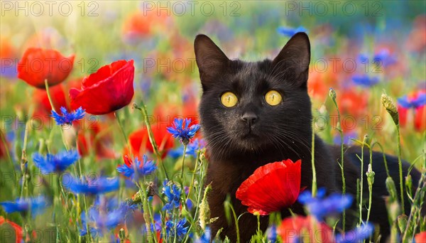 KI generated, animal, animals, mammal, mammals, cat, felidae (Felis catus), lying in a meadow with flowers, cornflowers, poppies