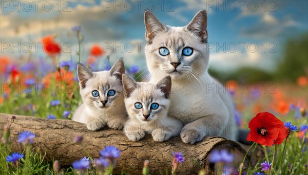 KI generated, animal, animals, mammal, mammals, cat, felidae (Felis catus), a cat and two kittens resting on a tree trunk, flower meadow, spring, summer