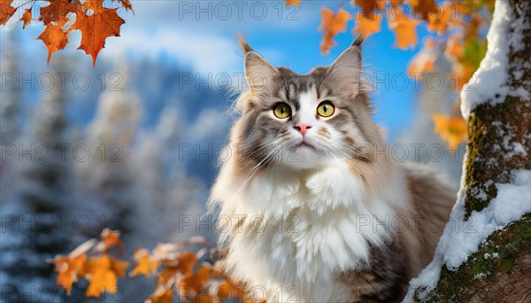 AI generated, animal, animals, mammal, mammals, cat, felidae (Felis catus), a grey and white American Forest Cat, sitting in a tree, autumn, autumn leaves, snow, onset of winter