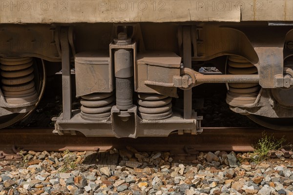 Undercarriage of a train showing wheels, suspension coils and other mechanical parts, in South Korea