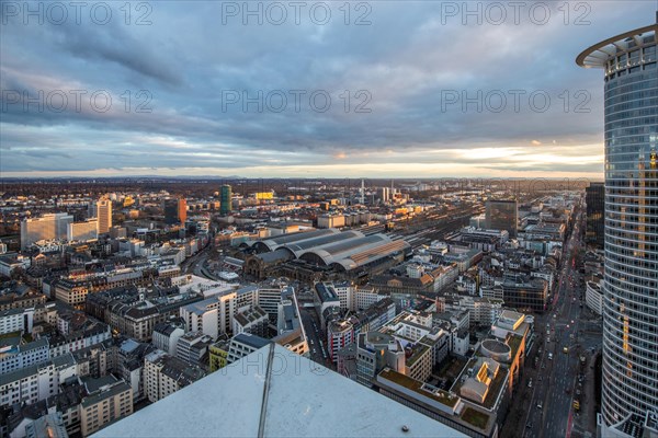 View of the skyline from a tower block in the evening. Fantastic view over a financial centre at sunset. City photo of Frankfurt am Main, Hesse Germany