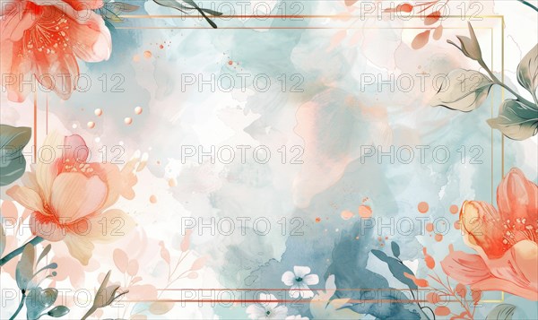 Thin golden frame on watercolor background, space for text AI generated