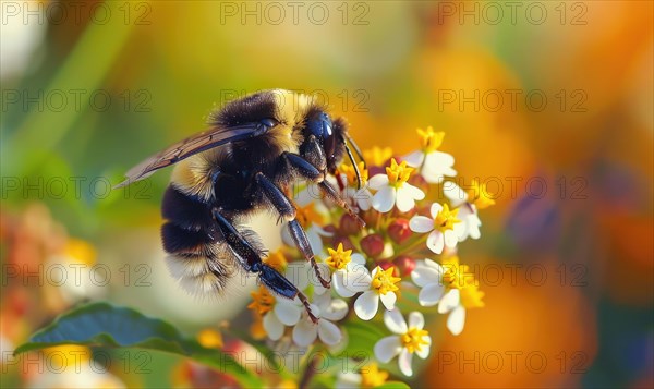 Bumblebee collecting pollen from flowers, closeup view, selective focus AI generated